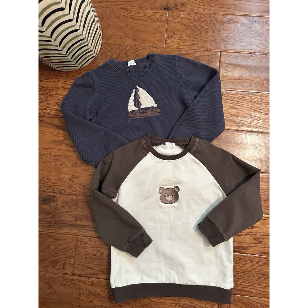 Jamie Kay Boys 7Y Organic Cotton 2 Pc Lot Sailboat Knit Sweater Bear Sweatshirt